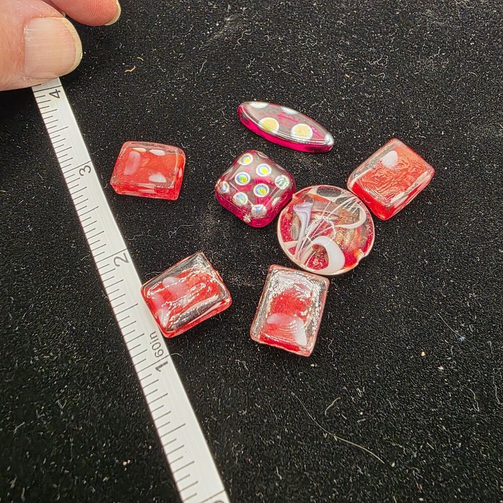 7pc Polished Glass Beads Lot Red Pink White Mixed Shapes 15mm 1mm Hole